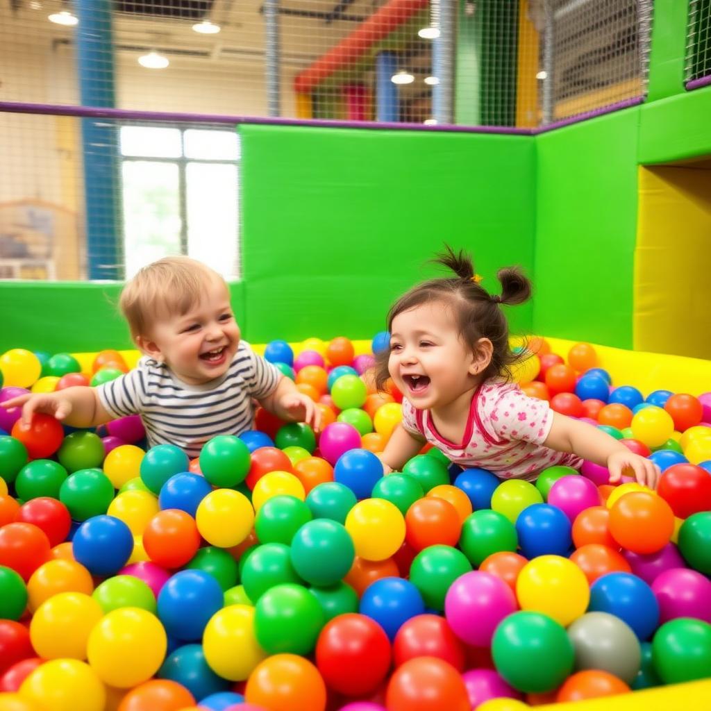 Toddlers laughing in the ball pit